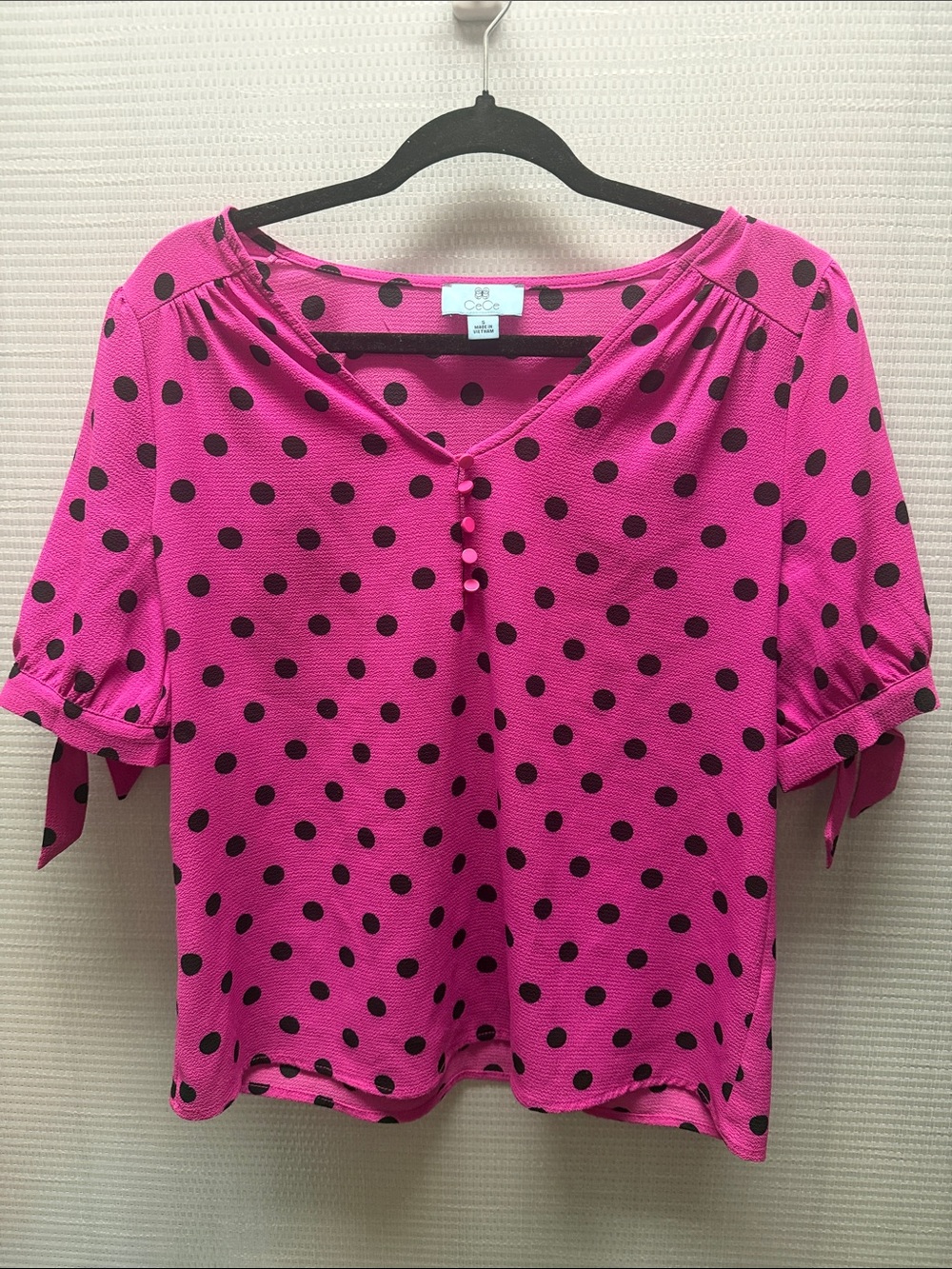 CeCe Hot Pink Polka Dot Short Sleeve Blouse